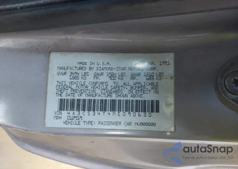 1991 Mitsubishi Eclipse из США, поврежденный, VIN 4A3CS34T4ME090630